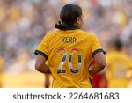 Small photo of Sam Kerr of Australia is seen wearing a special edition jersey during the 2023 Cup of Nations match between Australian Matildas and Spain at CommBank Stadium on February 19, 2023 in Sydney, Australia