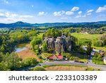 Aerial view of Sloup Castle in Northern Bohemia, Czechia. Sloup rock castle in the small town of Sloup v Cechach, in the Liberec Region, north Bohemia, Czech Republic. 