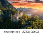 Neuschwanstein Fairytale Castle near Fussen, Bavaria, Germany. View of famous Neuschwanstein Castle. Location: village of Hohenschwangau, near Fussen, southwest Bavaria, Germany, Europe