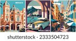 Set of Travel Destination Posters in retro style. Monte Carlo, Monaco prints with historical buildings, vintage car, sea beach. European summer vacation, holiday concept. Vector colorful illustration