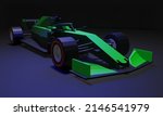 Green F1 car in the dark room with blue lighting. F1 car 3D Illustration.