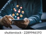 Small photo of Concept of social media communication and digital online, people use smartphone playing with icon online social media, online marketing, technology, chat, post, like, follow at phone screen