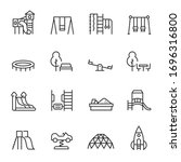 Playground, icon set. Play area for children outdoors, linear icons. Line with editable stroke