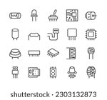 Electronic Components, icon set. Elements of electronic circuits and devices. microchips, transistors, capacitors, resistors, diodes etc, linear icons. Line with editable stroke