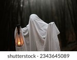 Small photo of Happy Halloween! Spooky ghost holding glowing lantern in moody dark autumn forest. Person dressed in white sheet as ghost with light in evening fall woods. Boo! Horror time