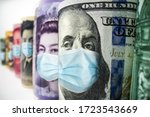 Business and money in covid 19 crisis - International money wearing face mask effected by covid 19 outbreak in concept of money saving and money investment under covid 19 situation.