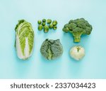 Small photo of Different types of cabbage - broccoli, brussles sprout, napa cabbage, kohlrabi