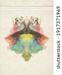 Small photo of Card of a multicolor Rorschach Inkblot Test. Abstraction watercolor vertical background. Colorful symmetric blotch. Watercolor painting on old paper. Vintage style.