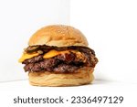 Classic Double beef smash burger with jalapeno on white background 
