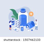 Doctor Pharmacist in Drugstore Standing near Medicine Pills and Bottles. Medical Staff  Choosing Medicaments. Pharmacy Store Concept. Flat Isometric Vector Illustration.