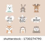Nursery Cute Forest Animals Collection in Scandinavian Style. Baby Fox, Deer, Bear, and other Woodland Animals. Simple Childish Design and Lettering Elements. Flat Cartoon Vector Illustration.