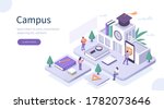 Students Study Online in University or College Campus. Girls and Boys Learning Together with Smartphone and Books. Distance  Education Technology Concept. Flat Isometric Vector Illustration.