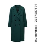 Small photo of Ghost mannequin, Green emerald women's autumn long coat without human isolated on white background. Double-breasted overcoat for female, ladies. 3d voluminous cloth. Template, mock up