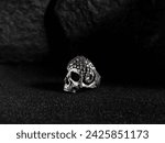 Small photo of Silver Skull, Ring Gothic Demon Skull Head Ring, Vintage Gothic Biker Ring, Carving Flower Skull Ring