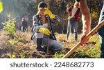 Small photo of Young happy Caucasian woman bringing seedling of tree and man digging hole in ground to plant it. Couple of volunteers planting trees in garden as eco activists. Enviroronment.