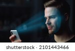 Small photo of Smartphone face recognition system identifying personality unlocking error. Man cellphone user try unlock device using modern biometrical verification. Biometric avatar mobile technology concept