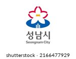 Top view of flag Seongnam city, South Korea. Korean travel and patriot concept. no flagpole. Plane layout, design. Flag background