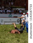 Small photo of EDIRNE, TURKEY - JULY 14, 2018 : Middle weight wrestlers battle for victory at the Kirkpinar Turkish Oil Wrestling Festival in Turkey.