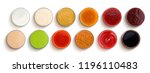 Set of different sauces isolated on white background, top view