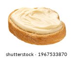 Slice of bread with cream cheese isolated on white background, toast with melted cheese