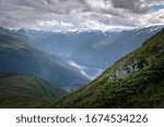 Small photo of Breathtaking dark fjord landscape from Prest vista onto Aurland town Norway