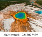 Aerial view of Grand Prismatic Spring in Midway Geyser Basin, Yellowstone National Park, Wyoming, USA. It is the largest hot spring in the United States