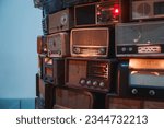 Small photo of London, UK. July 10, 2023. Closeup shot of Babel at Tate Modern Museum. Analogue radios stacked in layers at Art Gallery. Sculptural installation in exhibition centre of London.