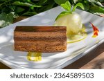 Small photo of valrhona chocolate terrine with yuzu sorbet, fresh mint and pistachio cream dessert on a white plate natural light