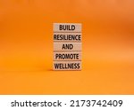 Build Resilience and Promote Wellness symbol. Wooden blocks with words Build Resilience and Promote Wellness. Beautiful orange background. Build Resilience and Promote Wellness. Copy space