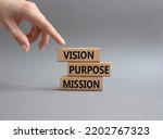 Small photo of Vision Purpose Mission symbol. Concept word Vision Purpose Mission on wooden blocks. Beautiful grey background. Businessman hand. Business and Vision Purpose Mission concept. Copy space.
