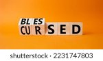 Small photo of Blessed vs Cursed word symbol. Turned wooden cubes with words Cursed and Blessed. Beautiful orange background. Religious and Blessed vs Cursed concept