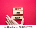 Small photo of Seize the day symbol. Wooden blocks with words Seize the day. Businessman hand. Beautiful red background. Business and Seize the day concept. Copy space.
