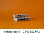 Small photo of Take charge symbol. Wooden blocks with words Take charge. Beautiful orange background. Business and Take charge concept. Copy space.