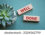 Well done symbol. Wooden blocks with words Well done. Beautiful grey green background with succulent plant. Business and Well done concept. Copy space.