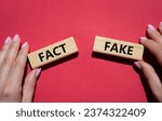 Small photo of Fact or Fake symbol. Concept word Fact or Fake on wooden blocks. Businessman hand. Beautiful red background. Business and Fact or Fake concept. Copy space