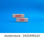 Small photo of Just try symbol. Concept words Just try on wooden blocks. Beautiful blue background. Business and Just Try concept. Copy space.
