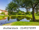 Small photo of Beautiful Park Scene in Public Park with Green Grass Field, Green Tree Plant,Â Scenic View of the Park in the Summer,Â Exercise and Relax