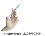 Close up doctor's hand in glove holding  syringe with needle isolated on white background with copy space for medical treatment, vaccination, filler injection, cosmetic surgical, laboratory concept.