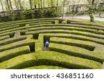 Green bushes labyrinth, hedge maze. A young boy with blue jacket searches the exit.