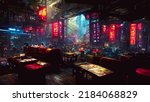 Conceptual Artwork of Cyberpunk Café or Bar or Restaurant in a near future setting with color scheme in red and blue moody environment in sci-fi setting and science fiction related environmental idea