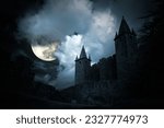 Mysterious medieval castle in a full moon night