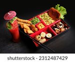 bento box with sushi, rolls, rice, chicken, beef, prawn, pork, lunch, box, bento, meal, Japanese style, sashimi, tempura, pickles, dinner, dark background, sushi, sashimi, tempura, watermelon juice