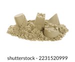 Small photo of Sand Castles of kinetic sand and toys isolated on white background.
