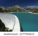 Panoramic view of Mountain lake Emosson with Dam, Valais, Switzerland, Swiss Alps, Barrage d