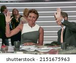 Small photo of CLEVELAND, OHIO - JULY 18, 2016 ABC’s news anchors George Stephanopoulos and Robin Roberts on the set this morning from the Republican National Convention at the Quicken Sports Arena