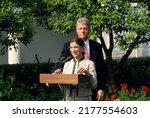 Small photo of WASHINGTON DC, USA - AUGUST 3, 1993 President William Clinton introduces Judge Ruth Bader Ginsburg to the media during a ceremony in the Rose Garden of the White House