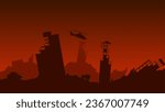 Destroyed city landscape vector illustration. Silhouette of military war in the dead city ruins. Social issue of war and invasion in the city