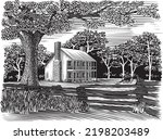 Woodcut illustration of Elkhorn Tavern at Pea Ridge Military Park in Arkansas.