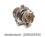 Small photo of Metal coolant pump with impeller closeup isolate on white background. Water pump circulates coolant through the engine block. Metal car spare part