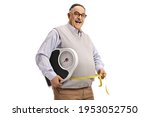 Corpulent mature man smiling and holding a scale and a measuring tape isolated on white background